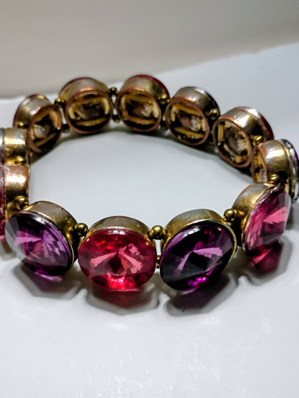 Gold-Tone Stretch Bracelet with Pink and Purple Rhinestones